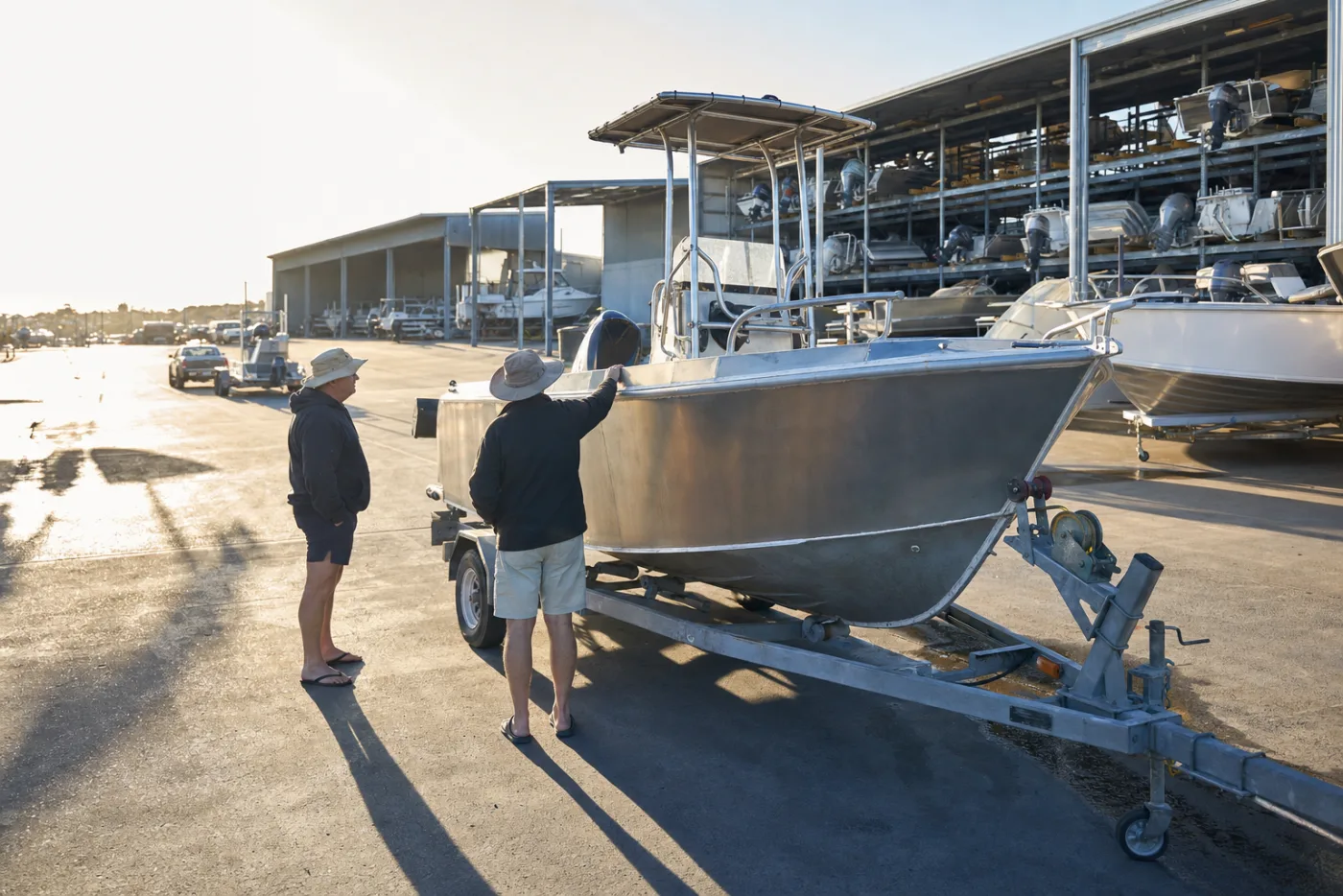 Visitors walking between aluminium trailer boats parked on hardstand in winter sunlight