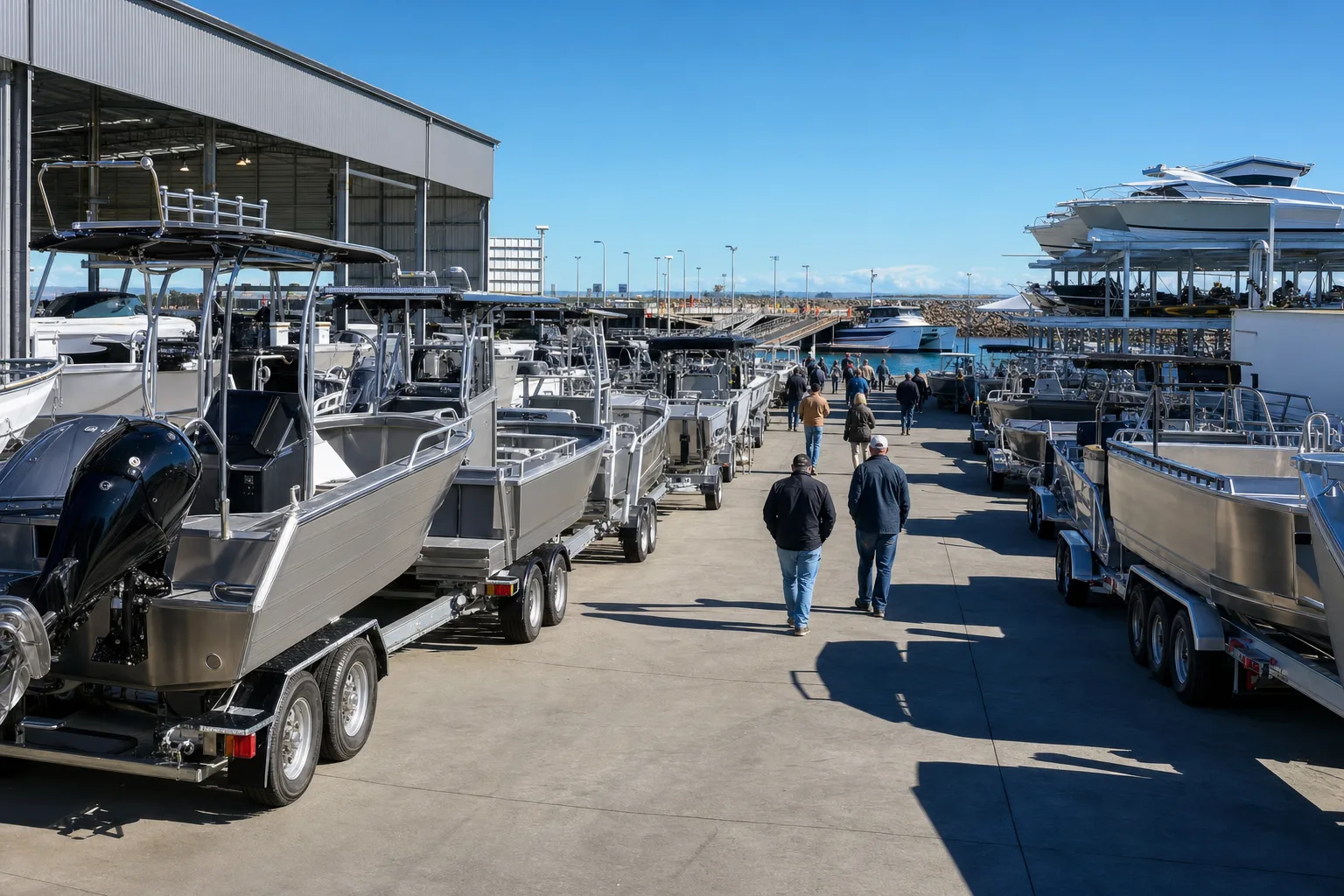 Aluminium trailer boats and centre consoles parked in rows on hardstand under bright winter sun